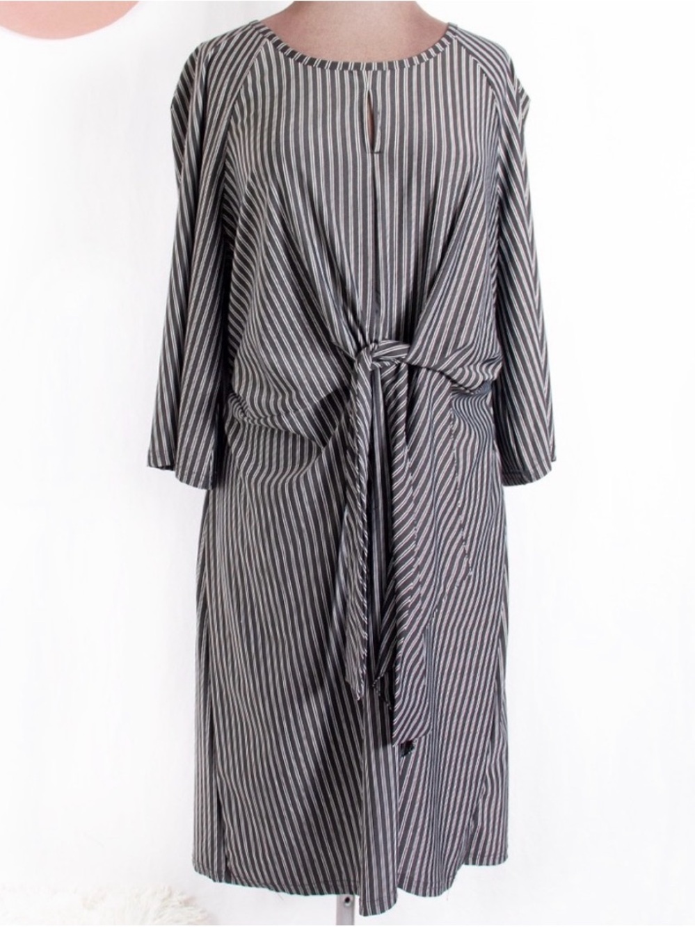 Mlle Gabrielle Black & White Pinstripe Dress with Waist Tie Detail